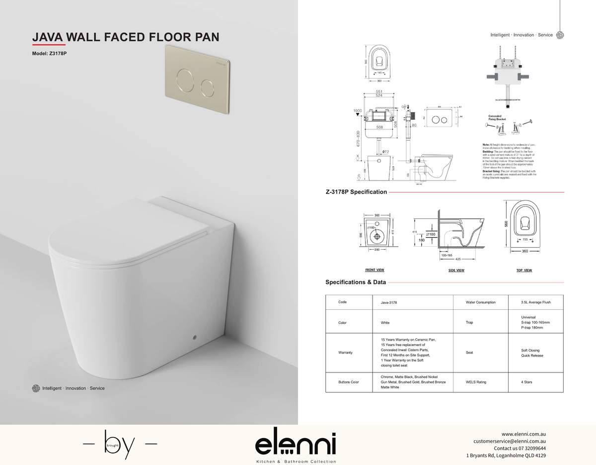Java Rimless Wall Faced Toilet Suite with In Wall Cistern specification drawing