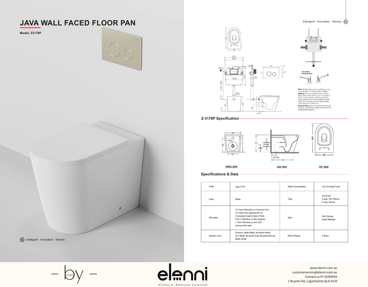 Java Rimless Wall Faced Toilet Suite with In Wall Cistern specification drawing