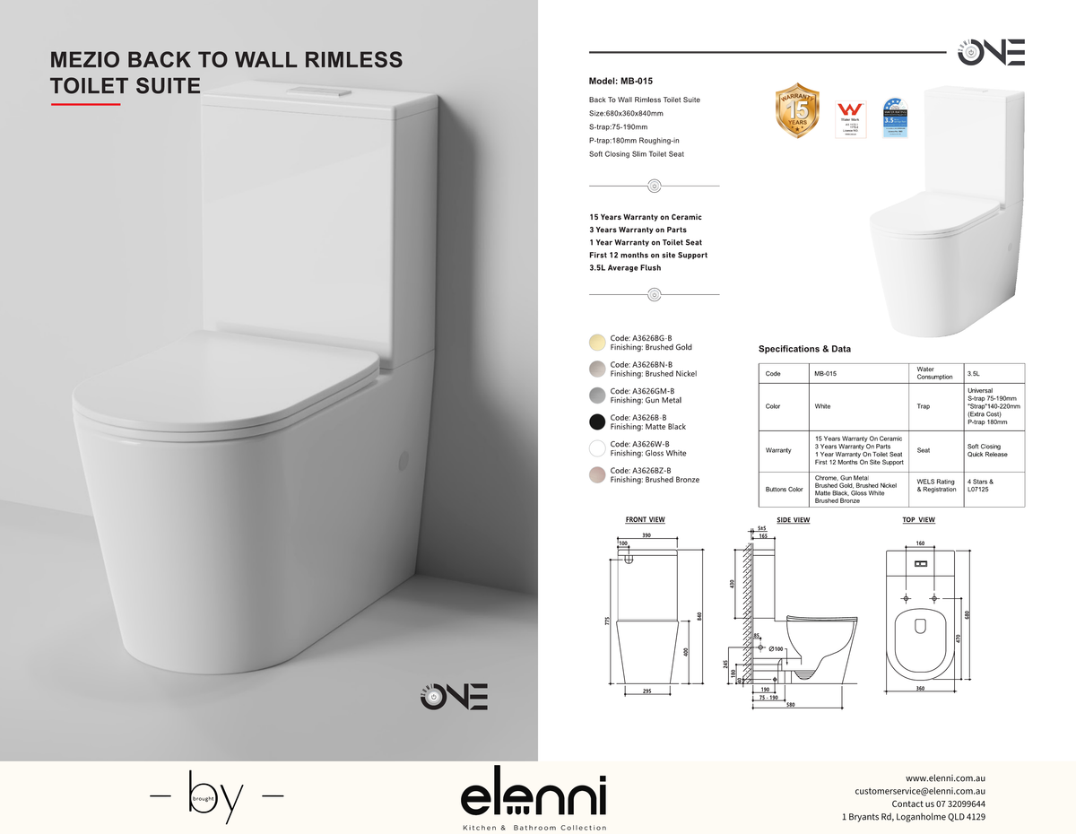 Mezio Rimless Back to Wall Toilet Suite, Gloss White specification drawing