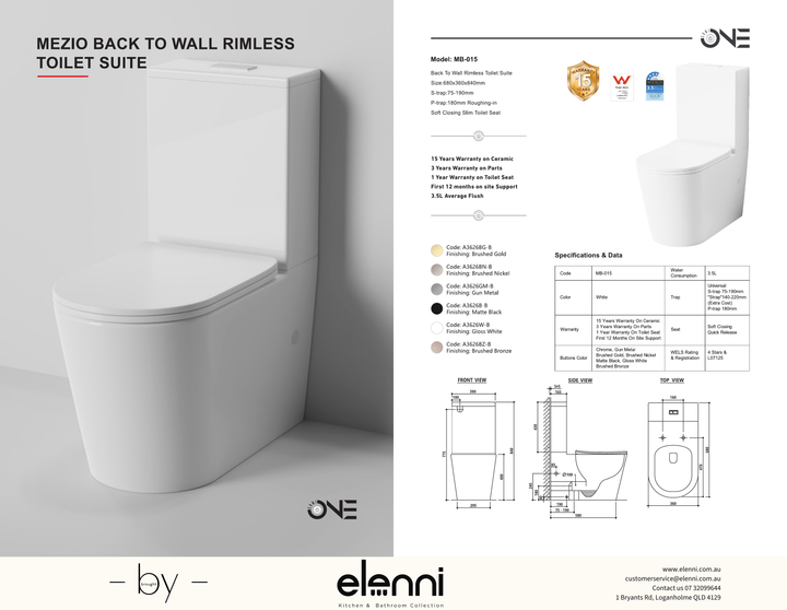 Mezio Rimless Back to Wall Toilet Suite, Gloss White specification drawing