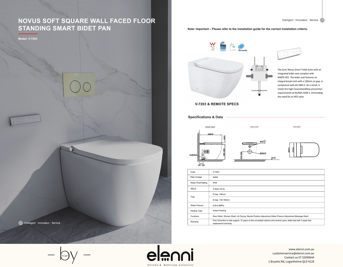Novus Soft Square Wall Faced Smart Bidet Toilet Suite with In Wall Cistern specification drawing
