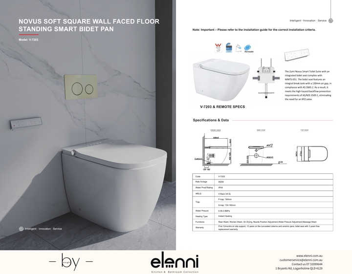 Novus Soft Square Wall Faced Smart Bidet Toilet Suite with In Wall Cistern specification drawing