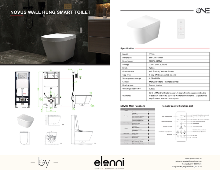 Novus Wall Hung Smart Bidet Toilet Suite with In Wall Cistern specification drawing