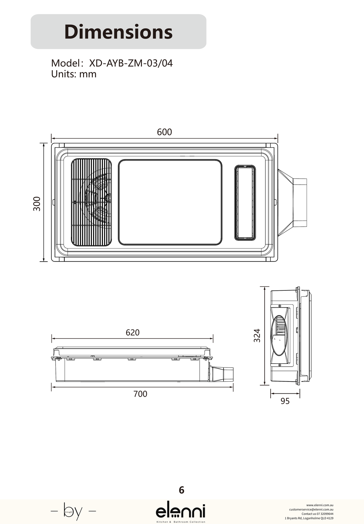 Zumi Remo Bathroom Heater, Exhaust Fan and Light 600 Plus - Elenni Kiri specification drawing