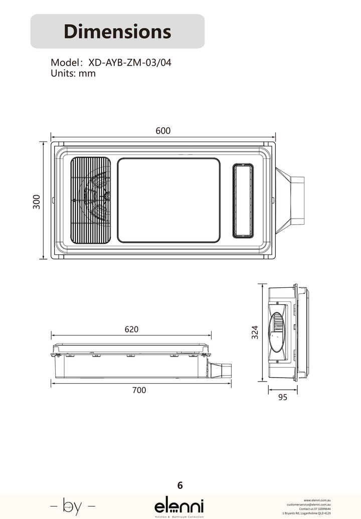 Zumi Remo Bathroom Heater, Exhaust Fan and Light 600s - Elenni Kiri specification drawing