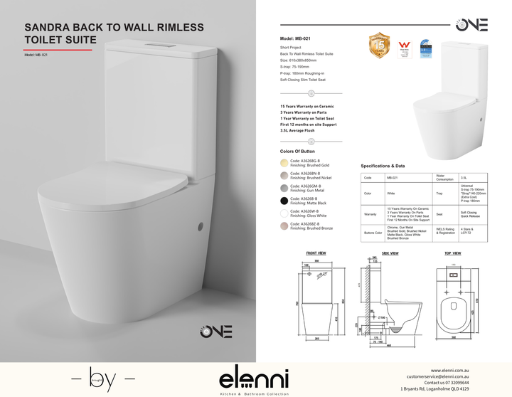 Sandra Short Projection Rimless Back to Wall Toilet Suite, Gloss White specification drawing