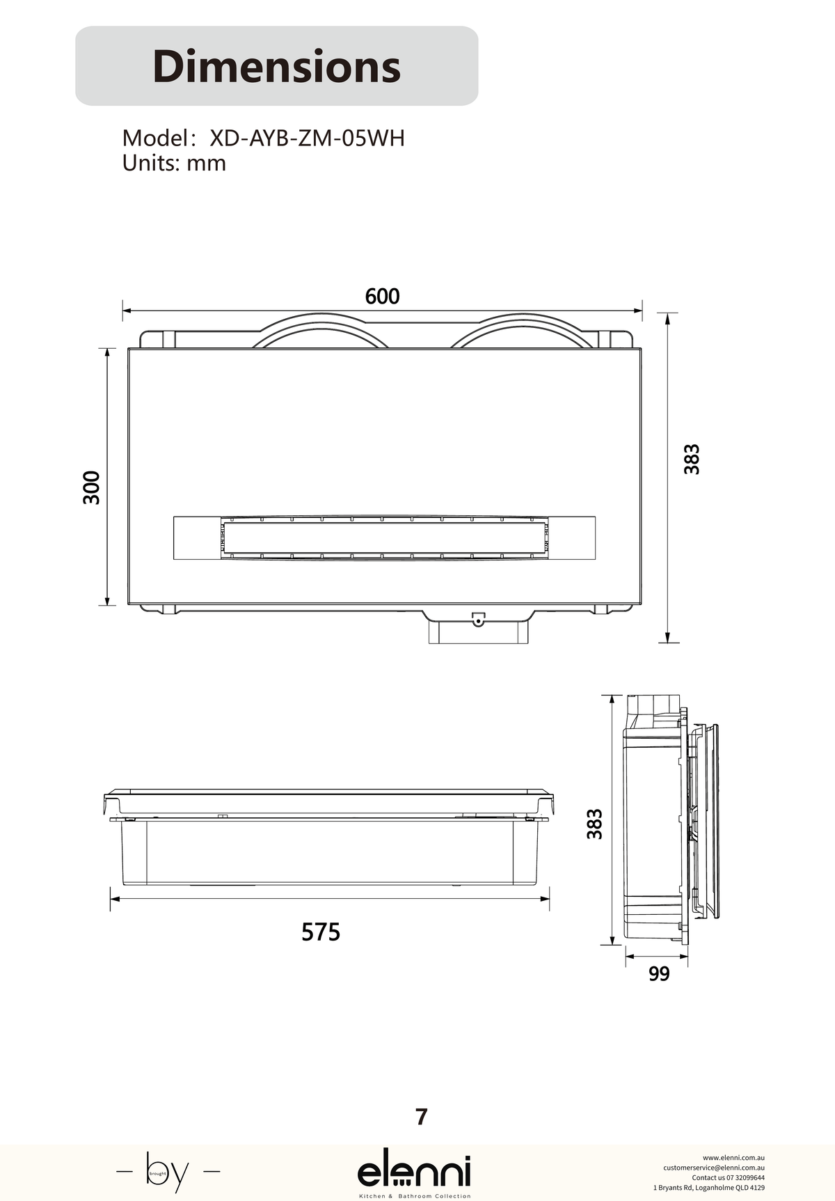 Zumi Soma Bathroom Heater, Exhaust Fan and Light 600 - Elenni Kiri specification drawing