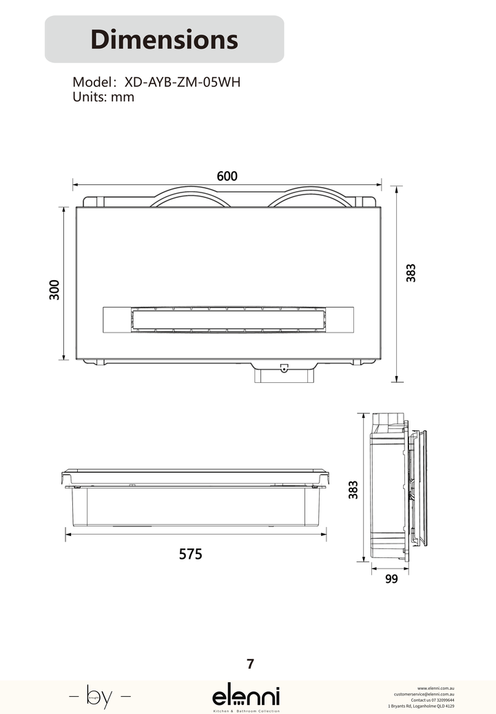 Zumi Soma Bathroom Heater, Exhaust Fan and Light 600 - Elenni Kiri specification drawing
