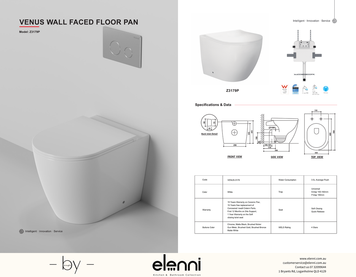 Venus Rimless Wall Faced Toilet Suite with In Wall Cistern specification drawing