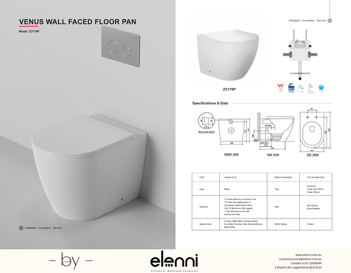 Venus Rimless Wall Faced Toilet Suite with In Wall Cistern specification drawing