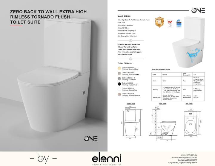 Zero Extra High Rimless Whirlpool Flush Back to Wall Toilet Suite, Gloss White specification drawing