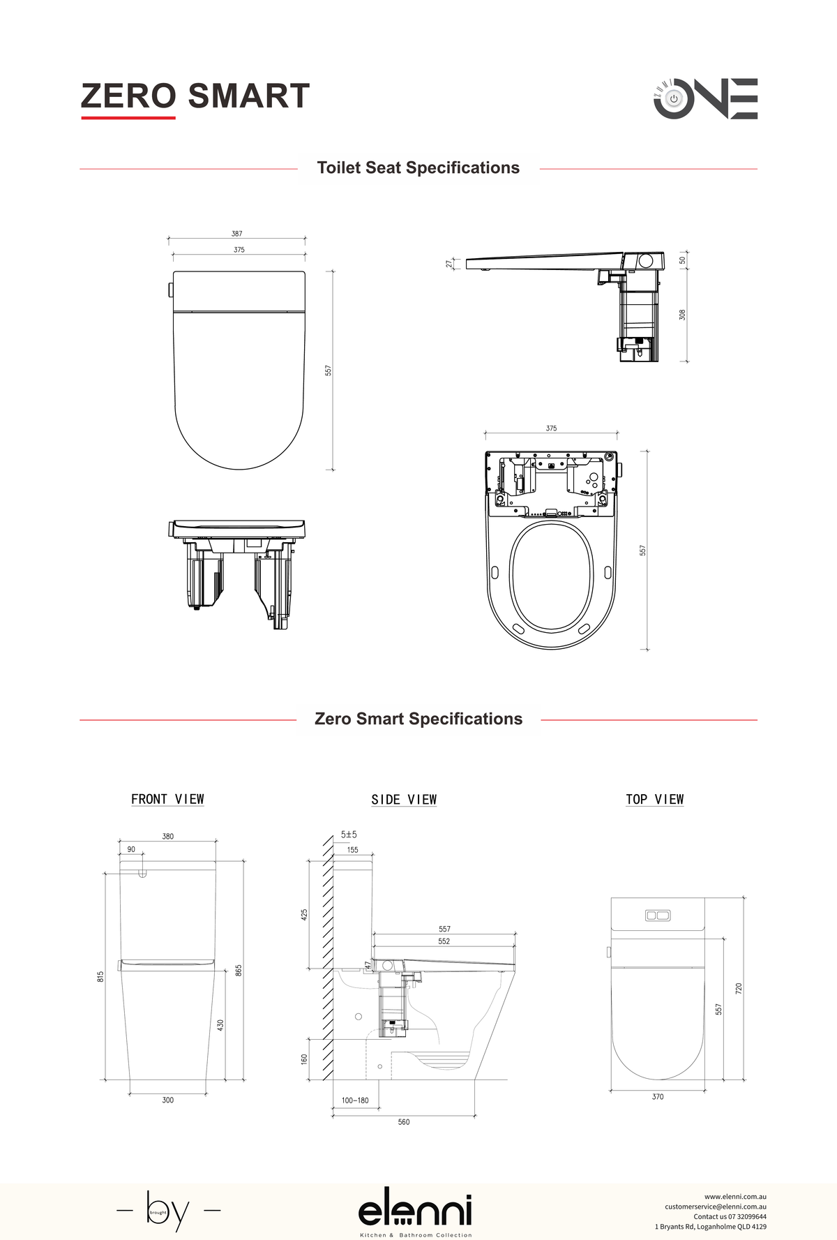 Zero Rimless Whirlpool Flush Smart Bidet Toilet Suite, Gloss White specification drawing