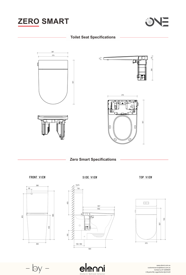 Zero Rimless Whirlpool Flush Smart Bidet Toilet Suite, Gloss White specification drawing