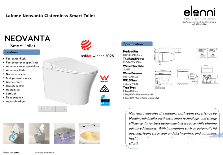 Lafeme Neovanta Cisternless Smart Toilet — specification sheet (Elenni)