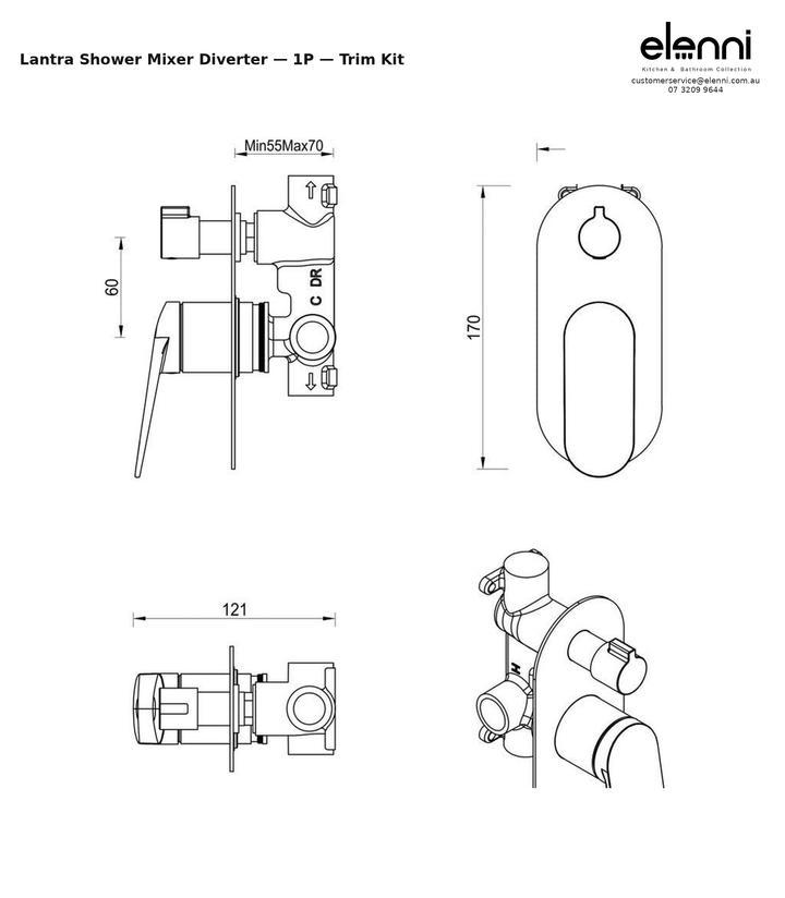 Elenni specification sheet - Lantra Shower Mixer Diverter - 1P - Trim Kit Only