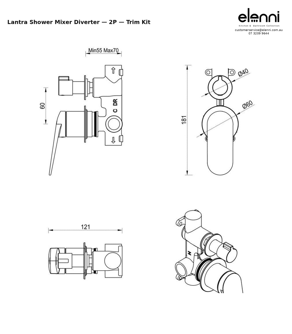 Elenni specification sheet - Lantra Shower Mixer Diverter - 2P - Trim Kit Only