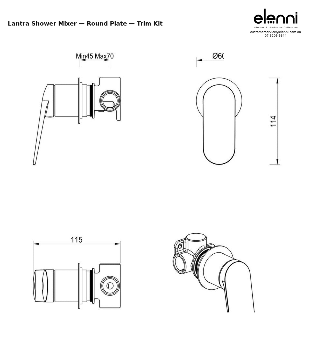 Elenni specification sheet - Lantra Shower Mixer – Round Plate – Trim Kit Only