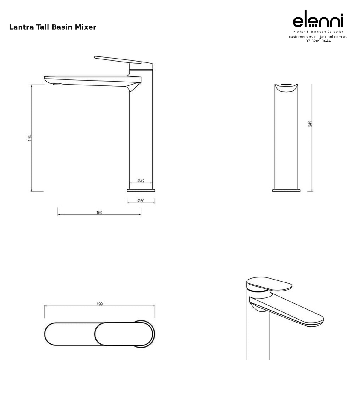 Elenni specification sheet - Lantra Tall Basin Mixer