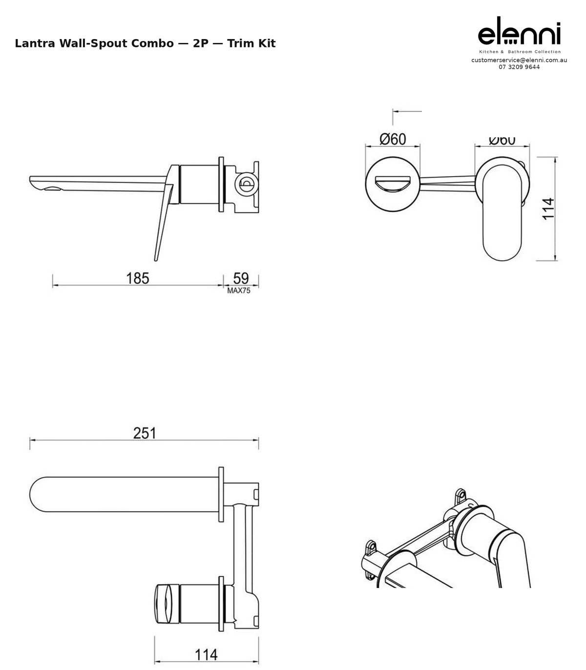 Elenni specification sheet - Lantra Wall-Spout Combo - 2P - Trim Kit Only