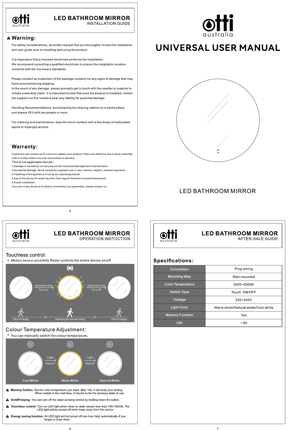 LED Bondi 800mm Tuffi Mirror - specification and warranty diagram