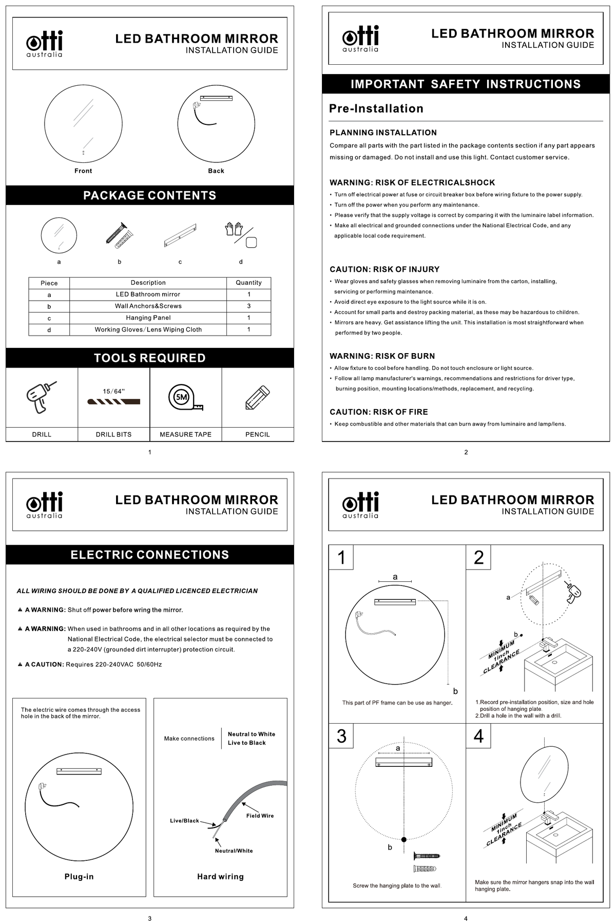 LED Bondi 800mm Tuffi Mirror - installation and dimensions diagram