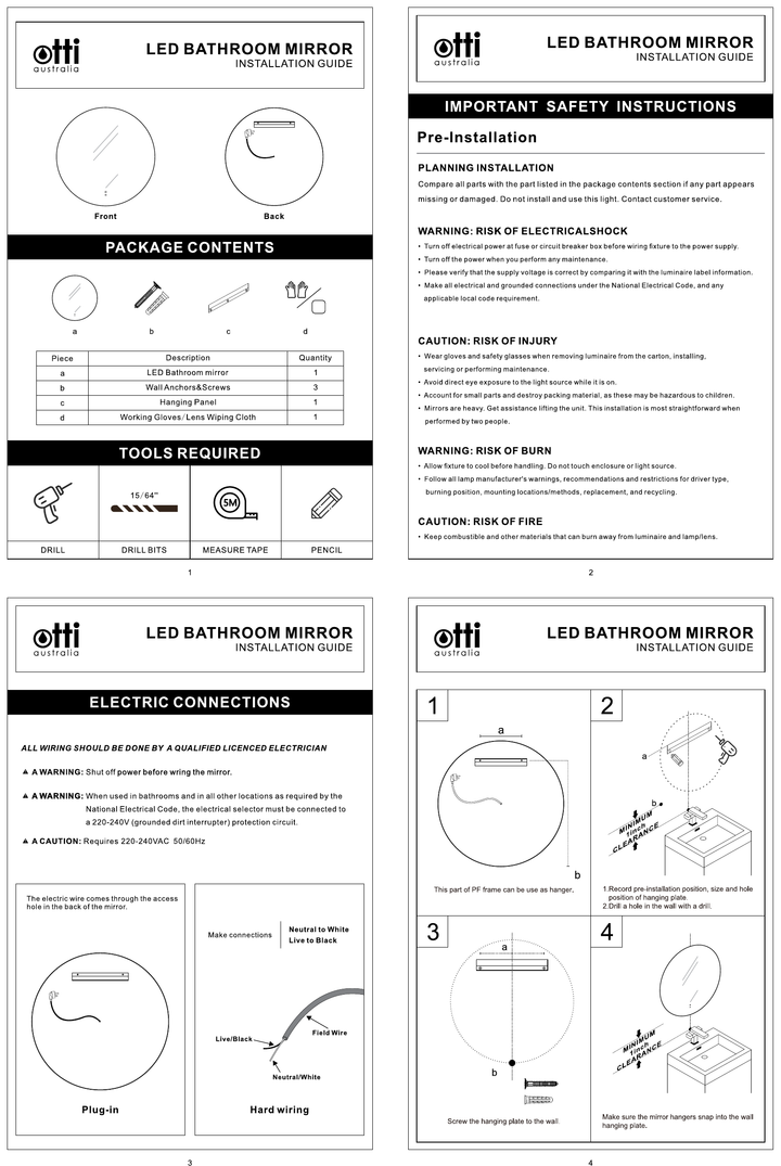 LED Bondi 800mm Tuffi Mirror - installation and dimensions diagram