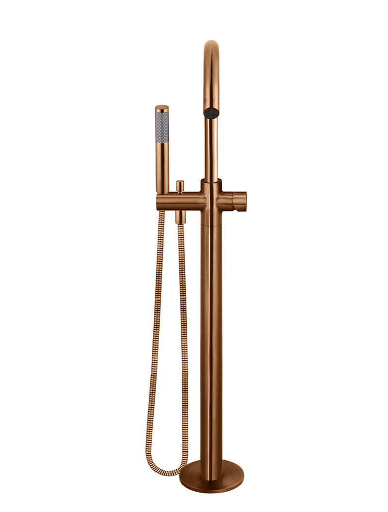 Round Pinless Freestanding Bath Spout and Hand Shower - Lustre Bronze