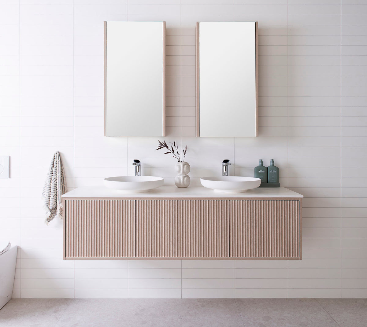 Clifton Wall Hung Vanity, Clifton 1500 Double Bowl. Coastal Oak Woodmatt textured cabinet finish, 12mm Bright White Cherry Pie benchtop