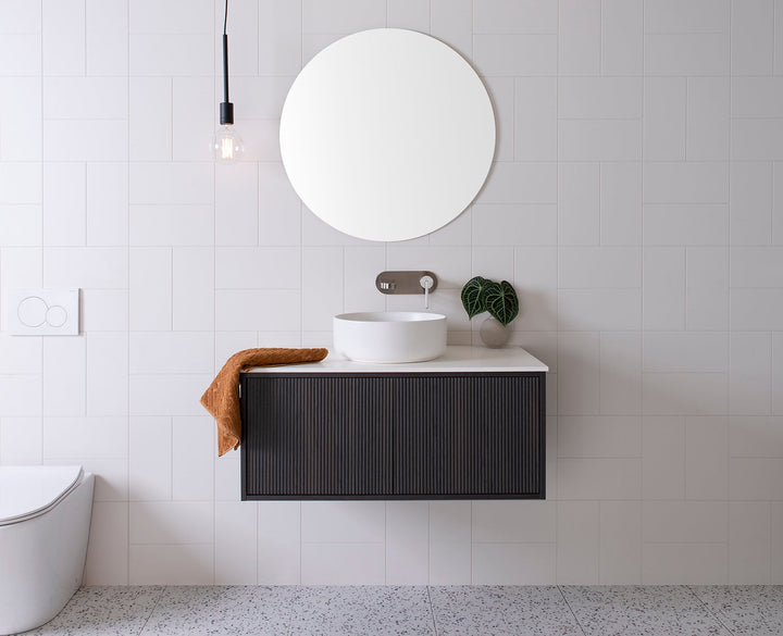 Clifton Wall Hung Vanity, Clifton 900 Centre Bowl. Bottega Oak Woodmatt textured cabinet finish, 12mm Bright White Cherry Pie benchtop