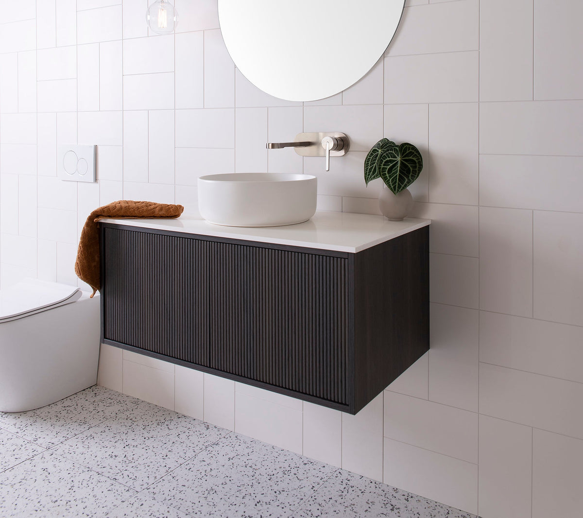 Clifton Wall Hung Vanity, Clifton 900 Centre Bowl. Bottega Oak Woodmatt textured cabinet finish, 12mm Bright White Cherry Pie benchtop