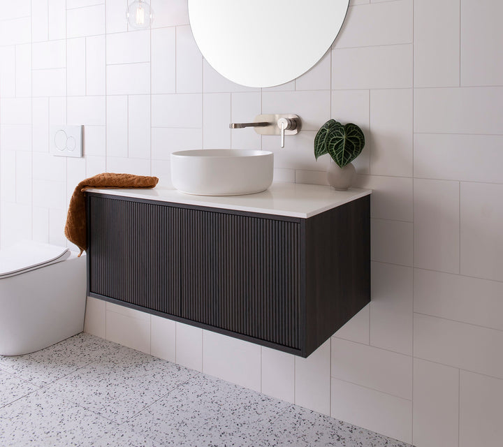 Clifton Wall Hung Vanity, Clifton 900 Centre Bowl. Bottega Oak Woodmatt textured cabinet finish, 12mm Bright White Cherry Pie benchtop