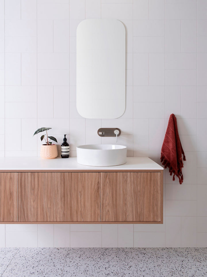 Clifton Wall Hung Vanity, Prime Oak Woodmatt textured cabinet finish, 12mm Bright White Cherry Pie benchtop