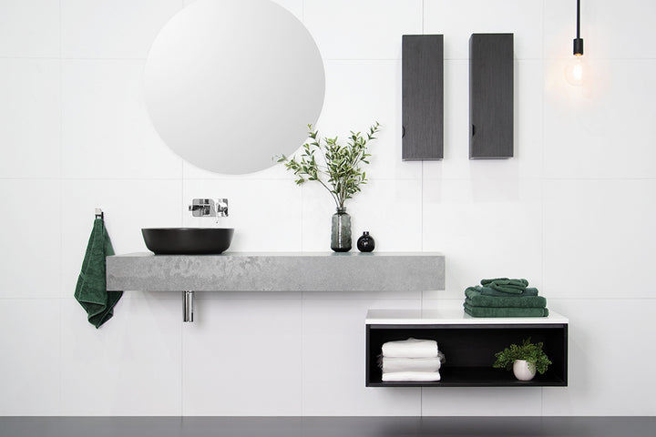 Michel Wall Hung Vanity - Michel 1500 Left Hand Offset Bowl. Rugged Concrete Caesarstone bench (please note Caesarstone incurs a 25% surcharge)