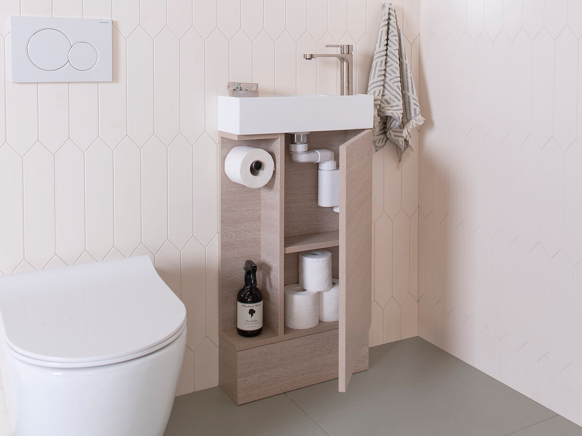 Allie Vanity - Allie Floor Mount. Coastal Oak Woodmatt textured cabinet finish, Matte White top