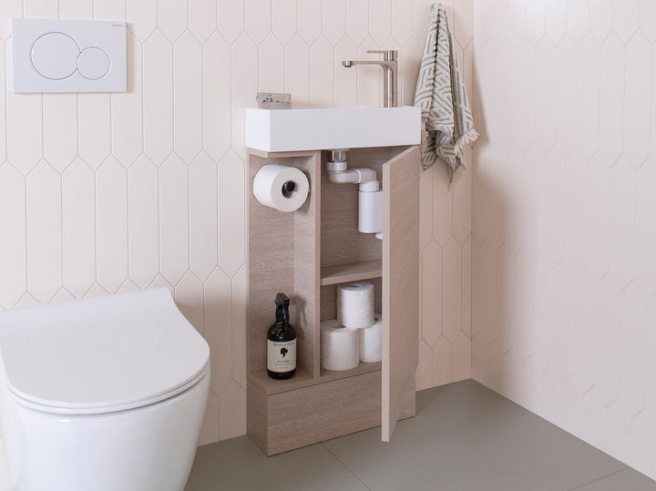 Allie Vanity, Allie Floor Mount. Coastal Oak Woodmatt textured cabinet finish, Matte White top