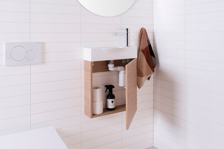 Charlie Vanity, Charlie, Wall Hung. Boston Oak Woodmatt textured cabinet finish, Gloss white top