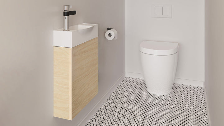 Charlie Vanity, Charlie, Wall Hung. Raw Birch Ply Natural cabinet finish, Gloss White top