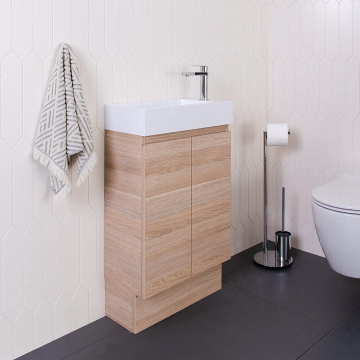 Lily Vanity, Lily, Floor Mount. Natural Oak Ravine textured cabinet finish