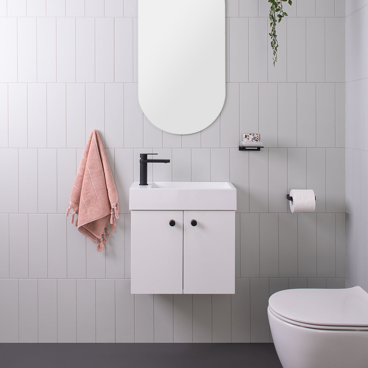 Lily Vanity, Lily Wall Hung. Gloss White polyurethane cabinet finish, European Cast Marble Top, Matte Black Premium Point Knobs ($20.00ea)