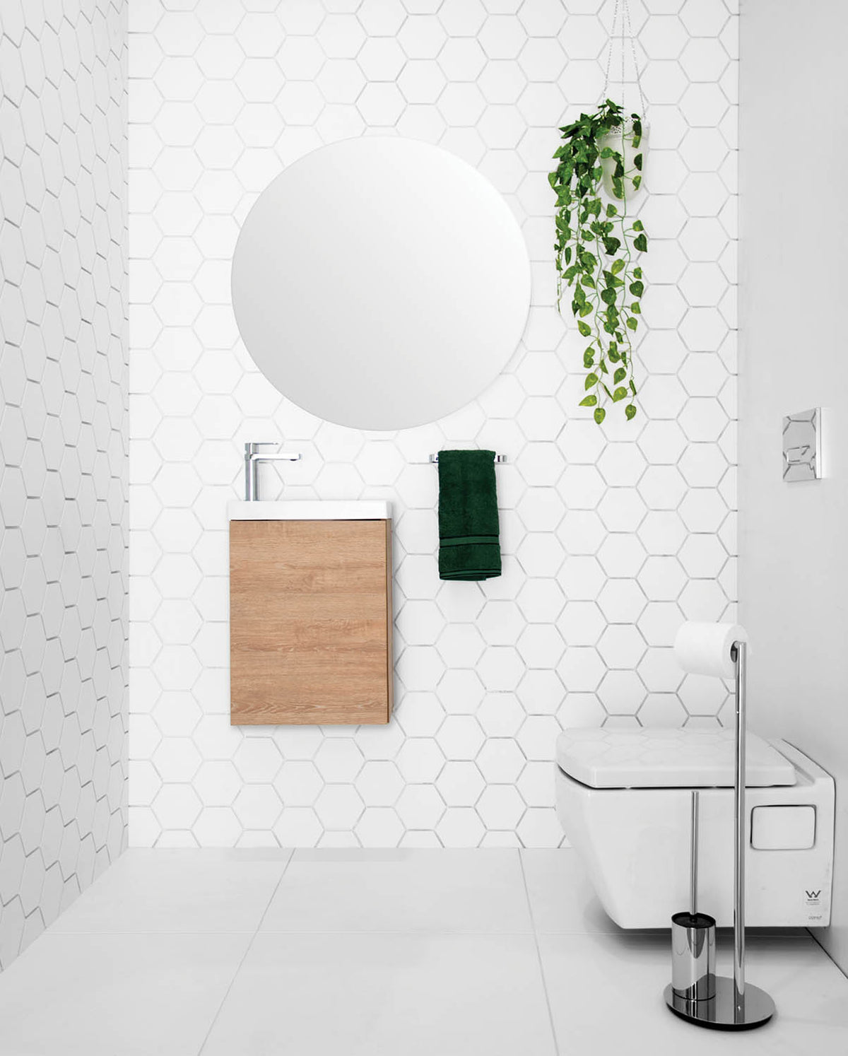 Petite Vanity - Petite 400, Wall Hung. Rural Oak Chalk textured cabinet finish, European Cast Marble Top