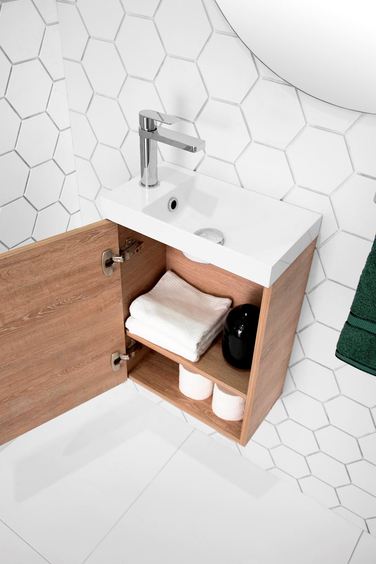 Petite Vanity - European cast marble top with overflow, reversible left or right