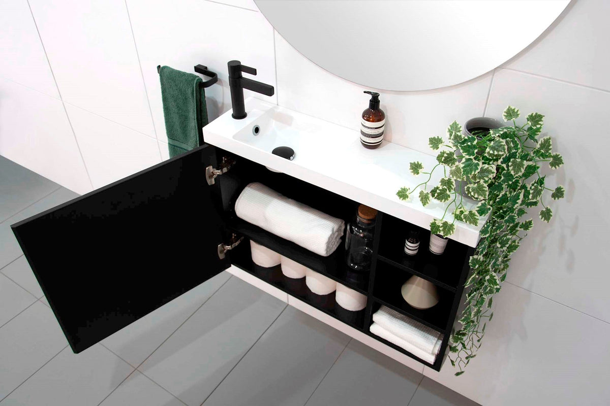 Petite Shelf Vanity, Petite Shelf Wall Hung. Matte Black polyurethane cabinet finish with black satin interior