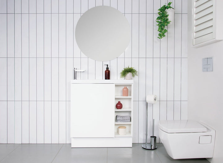 Petite Shelf Vanity, Petite Shelf, Floor Mount. Matte White polyurethane cabinet finish