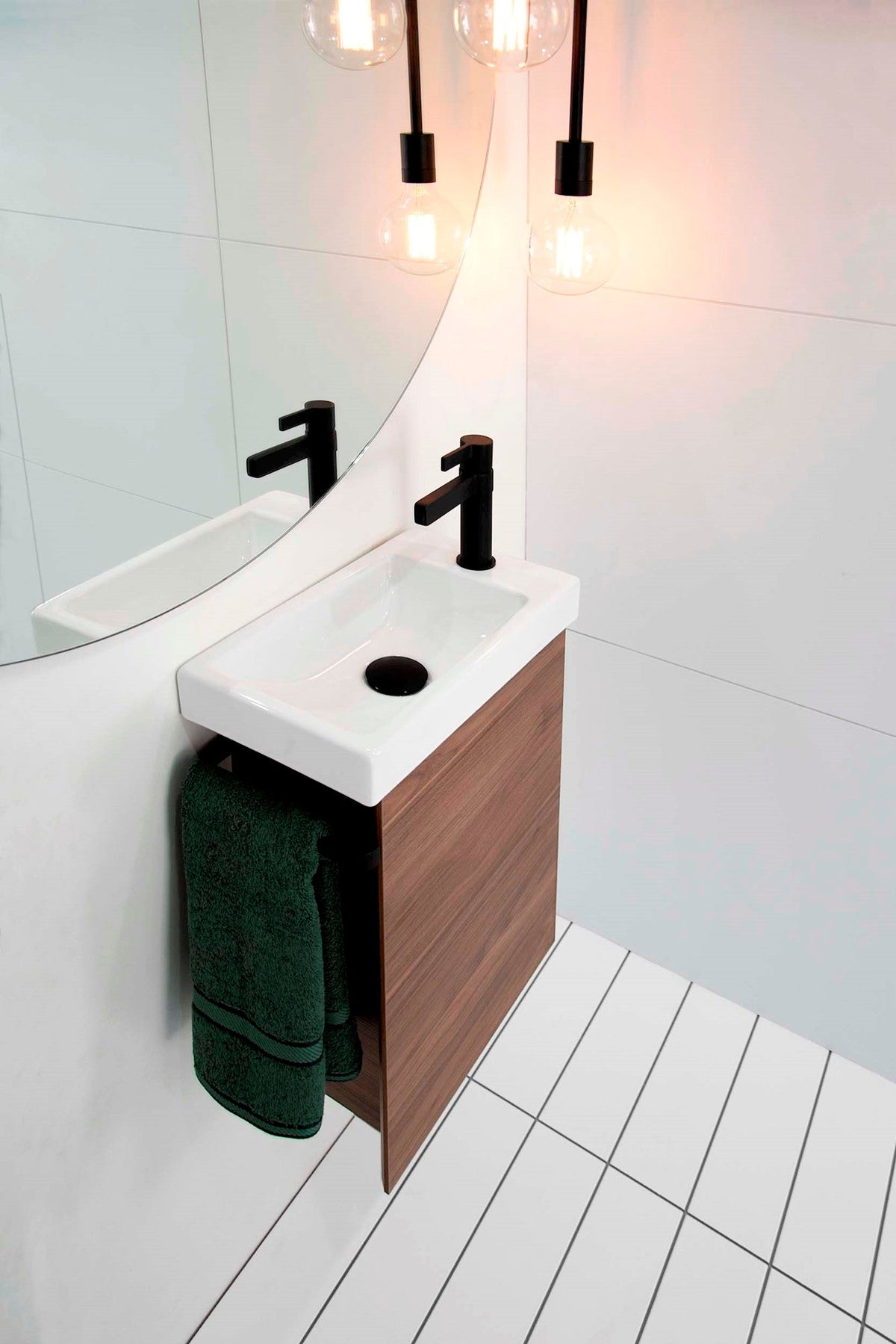 Seek Gloss White Top Wall Hung Vanity, Gloss White ceramic basin, Matte Black Brooklyn Hand Towel Ring