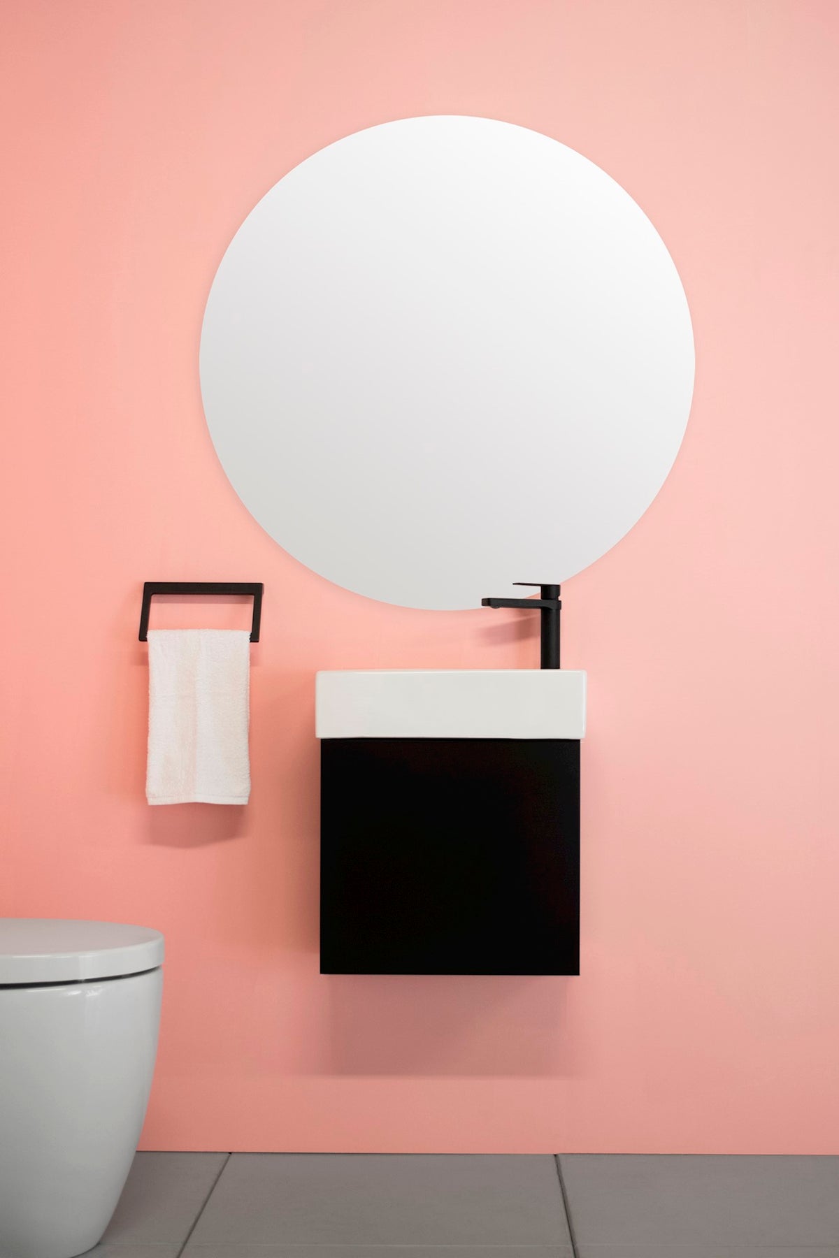 Tiny Vanity - Tiny, Wall Hung. Matte Black polyurethane cabinet finish, White ceramic top