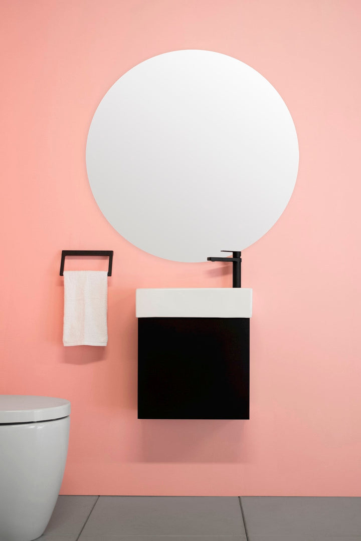 Tiny Vanity, Tiny, Wall Hung. Matte Black polyurethane cabinet finish, White ceramic top