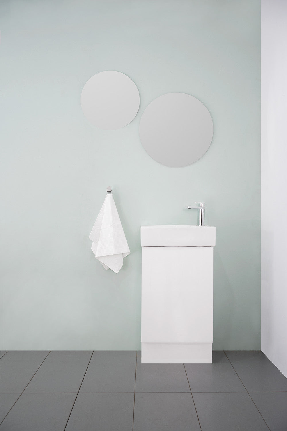 Tiny Vanity - Tiny, Floor Mount. Gloss White polyurethane cabinet finish