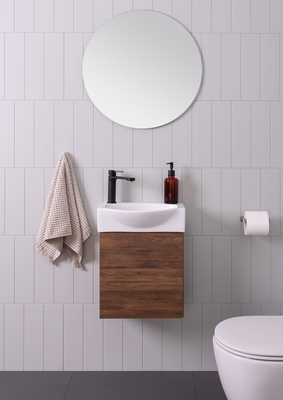 Tiny Semi-Recessed Vanity, Tiny Semi-Recessed Wall Hung. Aged Walnut Chalk textured cabinet finish, White ceramic top