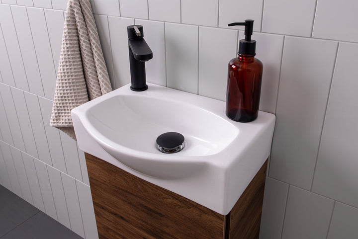 Tiny Semi-Recessed Vanity, Semi-Recessed ceramic basin
