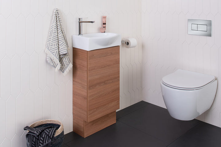Tiny Semi-Recessed Vanity, Tiny Semi-Recessed, Floor Mount. Tasmanian Oak Woodmatt textured cabinet finish